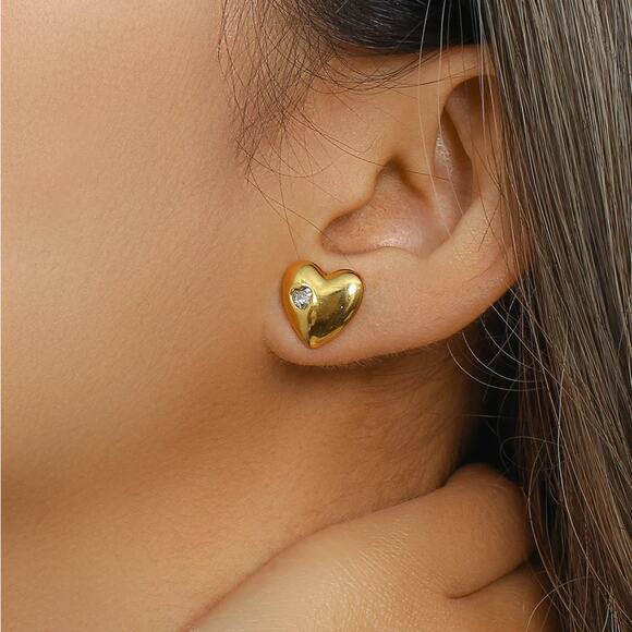 Heart Stud Earrings with Embedded Zircon 18K Gold Plated Stainless Steel - Picture 4 of 9